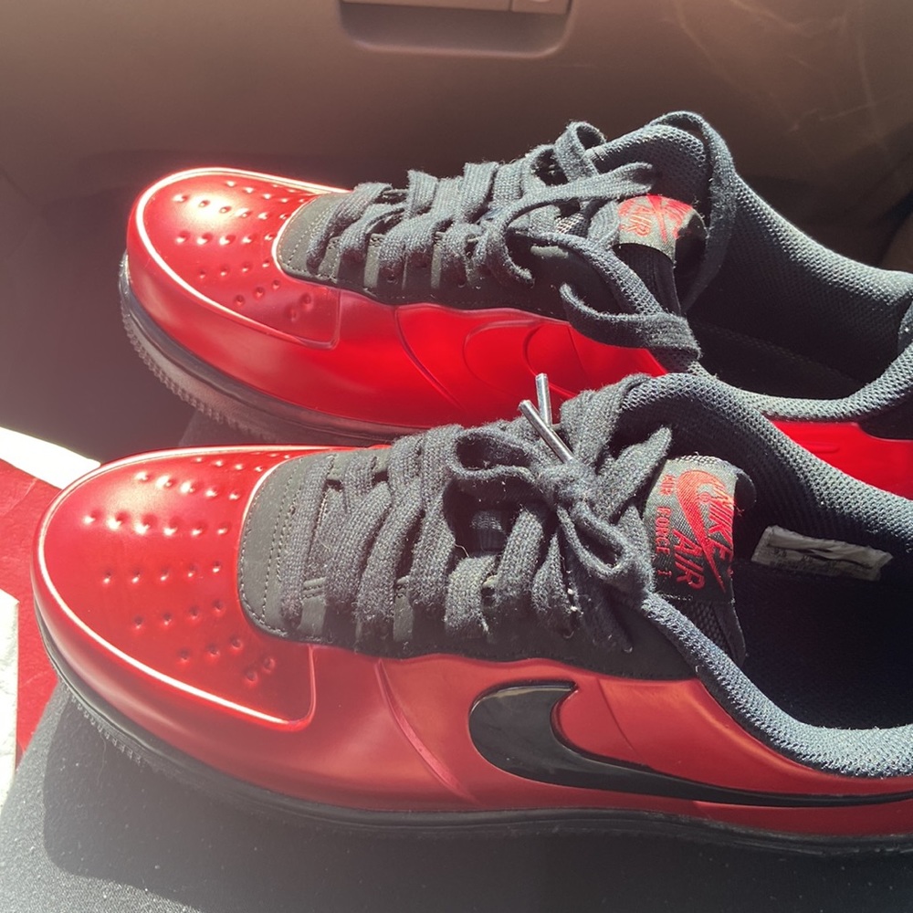 Black and Metallic Red Nike Air Force 1s